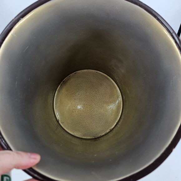 Ceramic Trash Garbage Can 10" Round Gold Brown Ribbed Floral Rustic Asian MCM - Picture 4 of 13